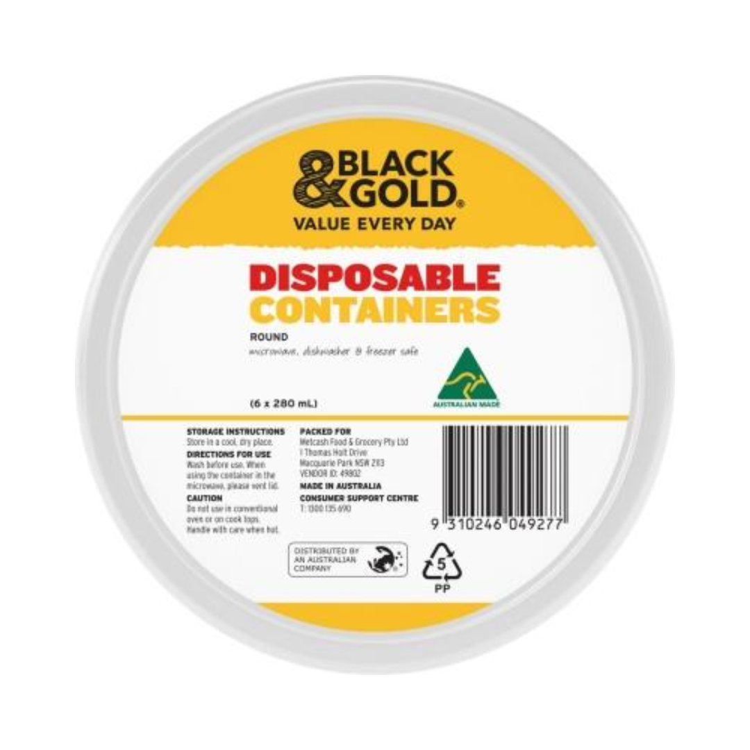 Black & Gold Container Round 280ml 6 Pack