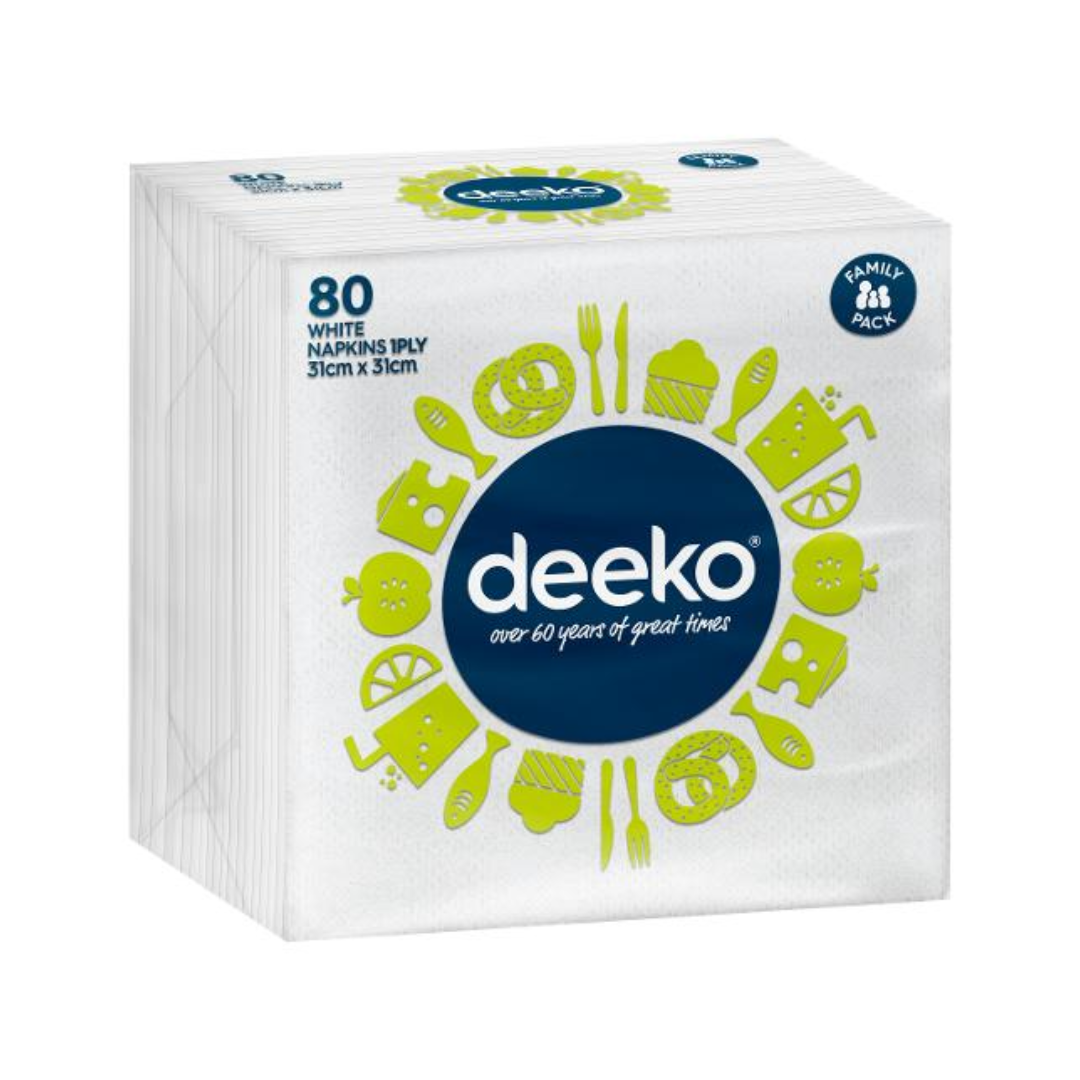 Deeko Serviettes White 1 Ply 50 Pack