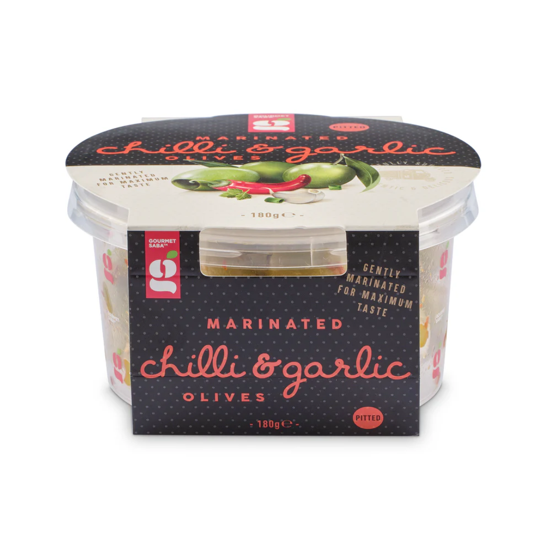 Gourmet Saba Marinated Chilli & Garlic Olives 180g