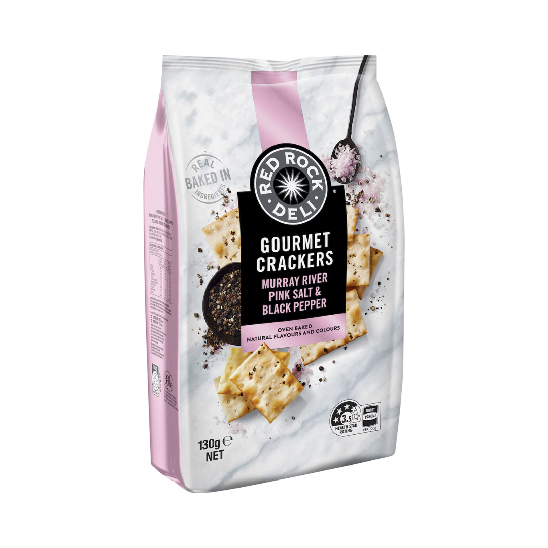 Red Rock Deli Gourmet Crackers Murray River Pink Salt & Black Pepper 130g