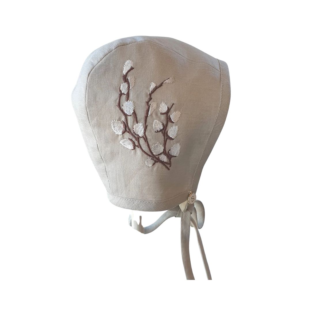 Small Dreams Linen Bonnet with Ivory Embroidered Pussy Willow Branch